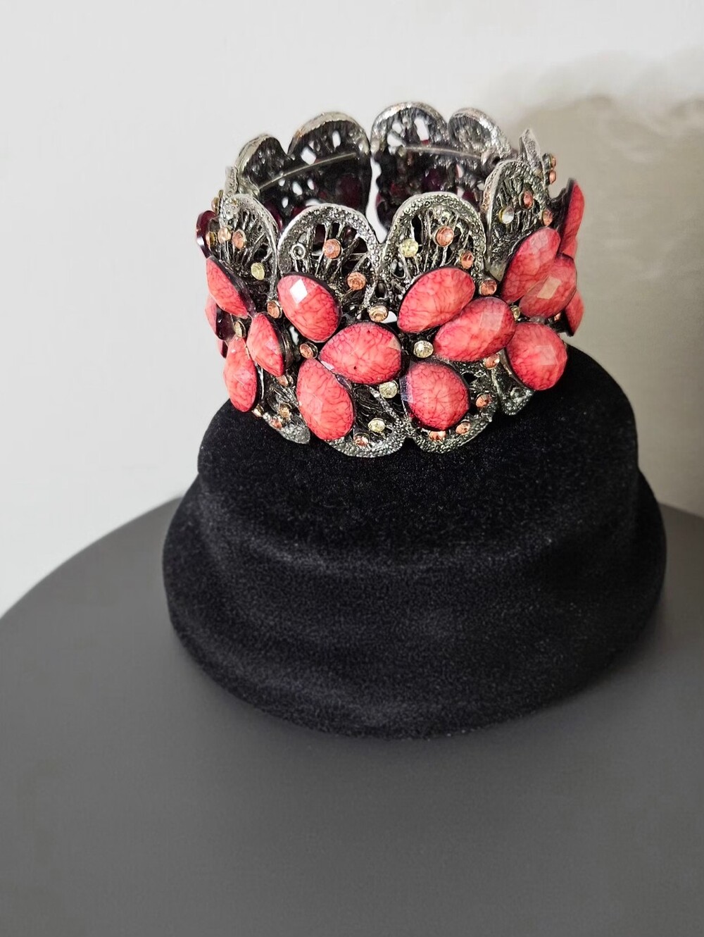Coral floral crystal bangle cuff, designed as a piece of jew